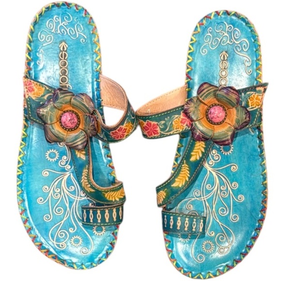 Socofy Colorful Handprinted Floral Boho Toe Ring Sandals Size 6 - Picture 12 of 12